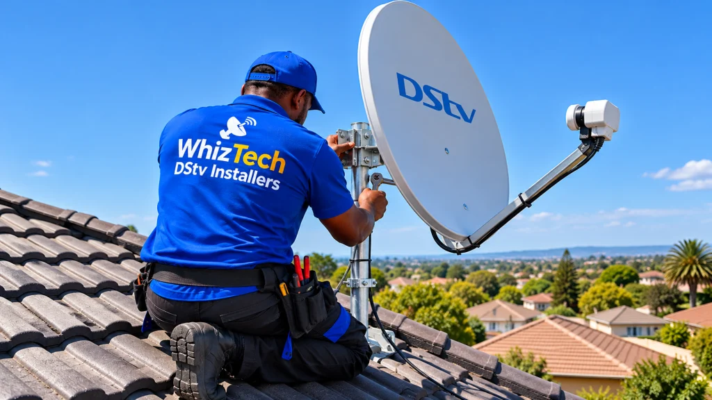 WhizTech DStv installer adjusting a satellite dish on a roof